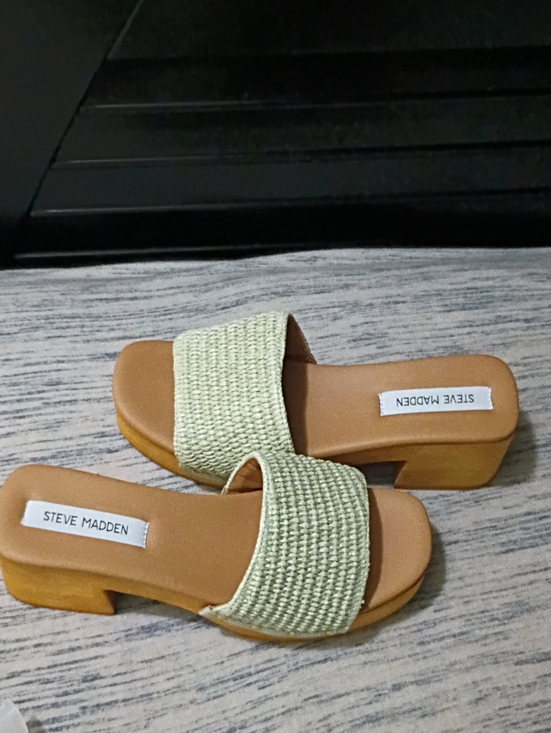 Steve Madden Shoes - Steve Madden Light Green Woven Slide Mules with Tan Platform